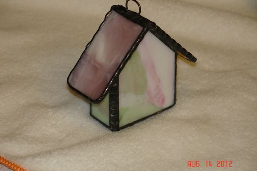 Custom Made Stained Glass Mini Birdhouse In Pink And Spring Greens