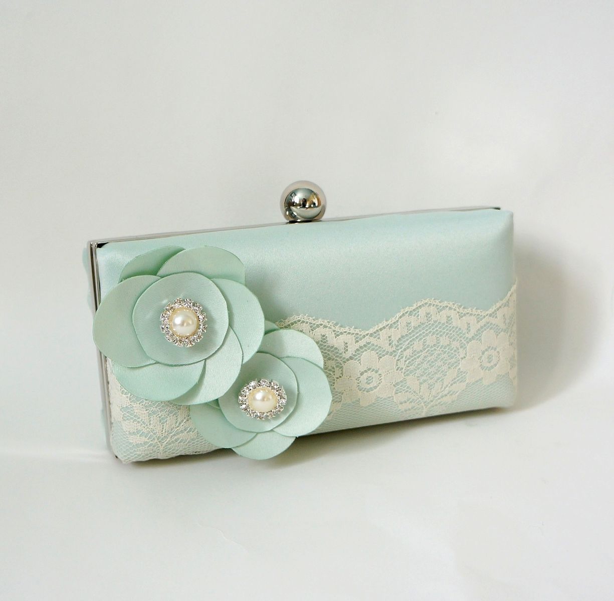 Hand Made Mint Greenclutch Purse With Lace And Handmade Flowers by The