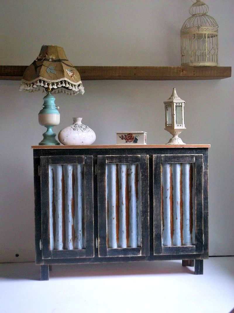 Rustic Bar Cabinet With Reclaimed Corrugated Metal Inserts