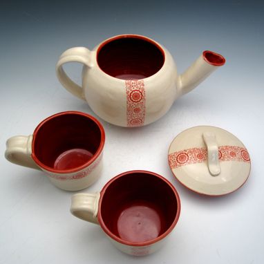 Custom Made White Pottery Tea Set With Red Flowers