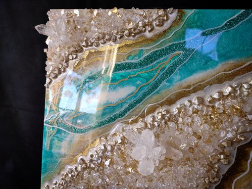 Custom Made Resin Painting Geode Wall Art, Teal Blue Green White Gold Ocean Theme Real White Quartz Crystals