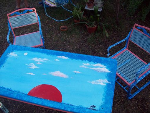 Custom Made Metal Table With 2 Metal Chairs "Bastrop Gardens Sunset"