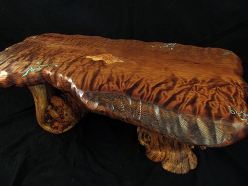 Custom Made Curly Redwood Garden Bench With Turquoise Inlay