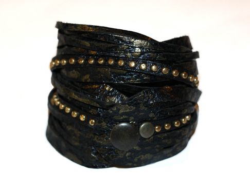 Custom Made Leather Wrap Bracelet With Studded Metal Detail