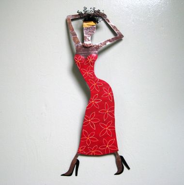 Custom Made Handmade Upcycled Metal Exotic African Lady Wall Art Sculpture In Red