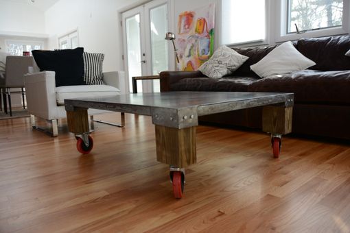 Custom Made Duxbury Metal & Wood Coffee Table W/Red Wheels