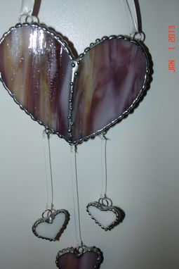 Custom Made Stained Glass Heart Suncatcher In Purple / Yellow / Pink Swirled And Two White Dangling Hearts