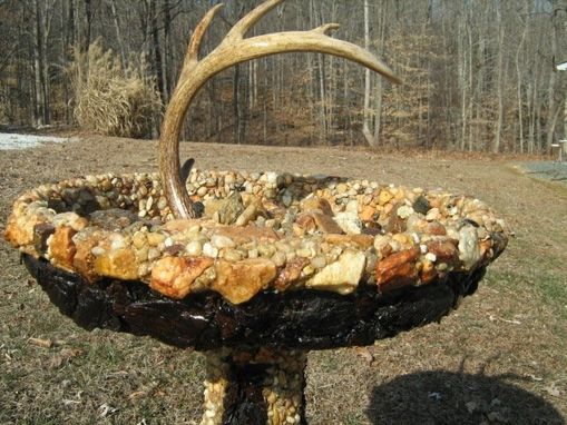Custom Made River Rock Bark Birdbath With 5 Point Deer Antler Perch