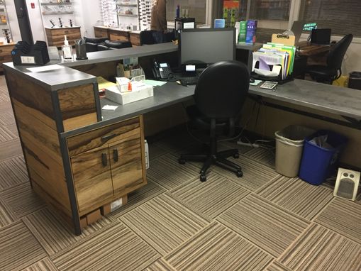 Custom Made Black Limba And Distressed Steel Reception Desk