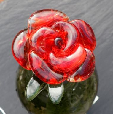 Custom Made Bottle Stopper Glass Rose Red Flower Stainless Steel