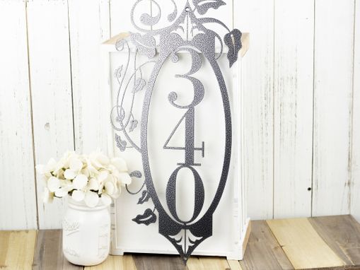 Custom Made Vertical Metal House Number Sign, Vines, 3 Digit - Silver Vein Shown