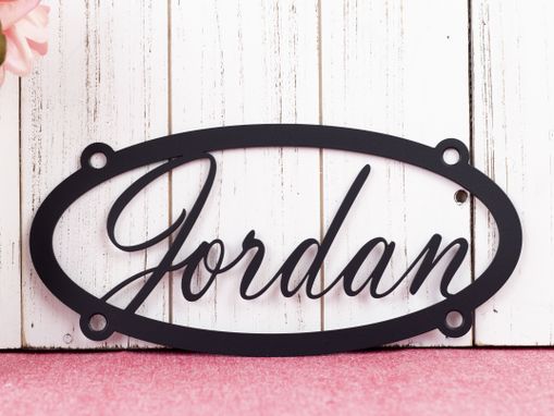 Custom Made Family Name And Child Name Oval Metal Signs - Matte Black Shown