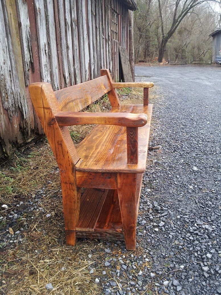 Buy Hand Crafted Reclaimed Wood Relaxed Back Farm Bench With Armrests ...