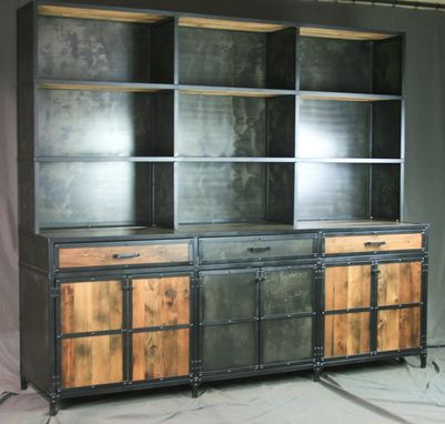 Custom Made Industrial Credenza W/ Hutch. Rustic Bar W/ Shelving. Industrial Buffet. Reclaimed Wood. Sideboard.