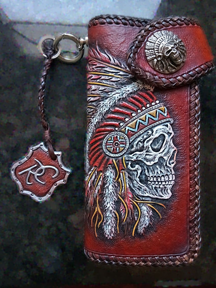 A Hand Made Biker Indian Skull Wallet Tooled - Custom Made Leather Wallets India A Hand Made Biker Indian Skull Wallet Tooled - Custom Made Leather Wallets India