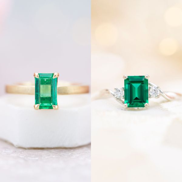 The emerald on the left is a natural emerald, where the one on the right is lab created.
