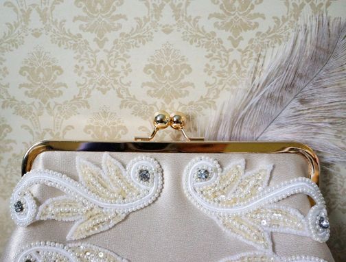 Custom Made Art Deco Bridal Clutch Purse With Sequins, Rhinestones, Beads, And Pearls