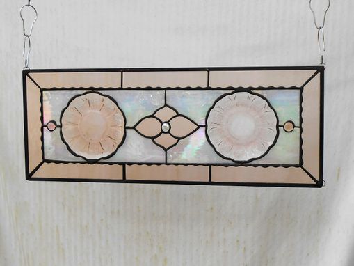 Custom Made Pink Cherry Blossom Depression Glass Stained Glass Plate Panel, Antique Stained Glass Window Transom