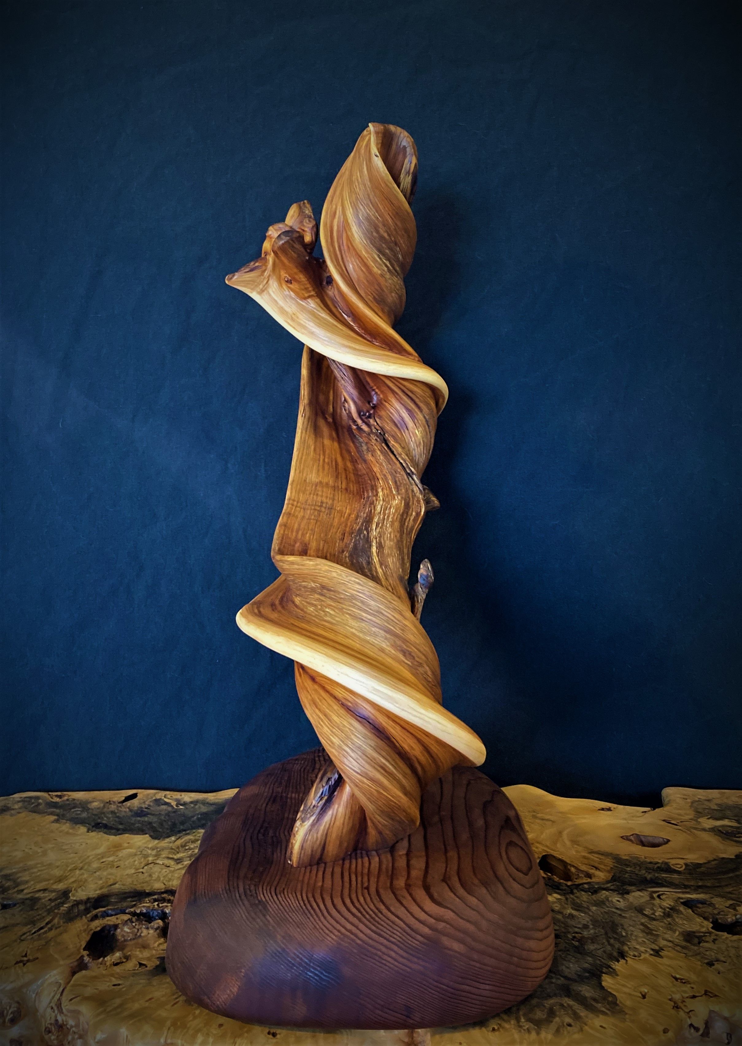 Custom Rustic Twisted Juniper Sculpture On A Redwood Burl Base by Rocky