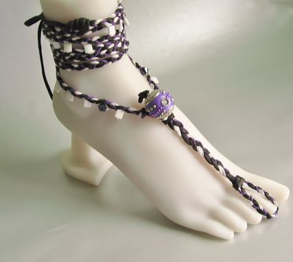 Custom Made Barefoot Sandals. Black Deerskin, Purple And White Hemp Hand Braided. Soleless. Foot Jewelry.