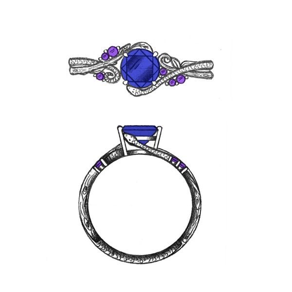 Sapphire, amethyst, and emerald come together in this snake inspired engagement  ring.