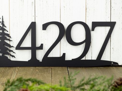 Custom Made Metal House Number Sign, Pine Trees, 4 Digit - Matte Black Shown