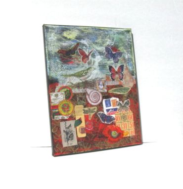 Custom Made Red Mixed Media Original Painting Collage On Canvas