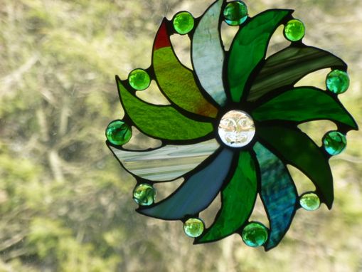 Custom Made Moon Face And Sun Rays Stained Glass Art In Green