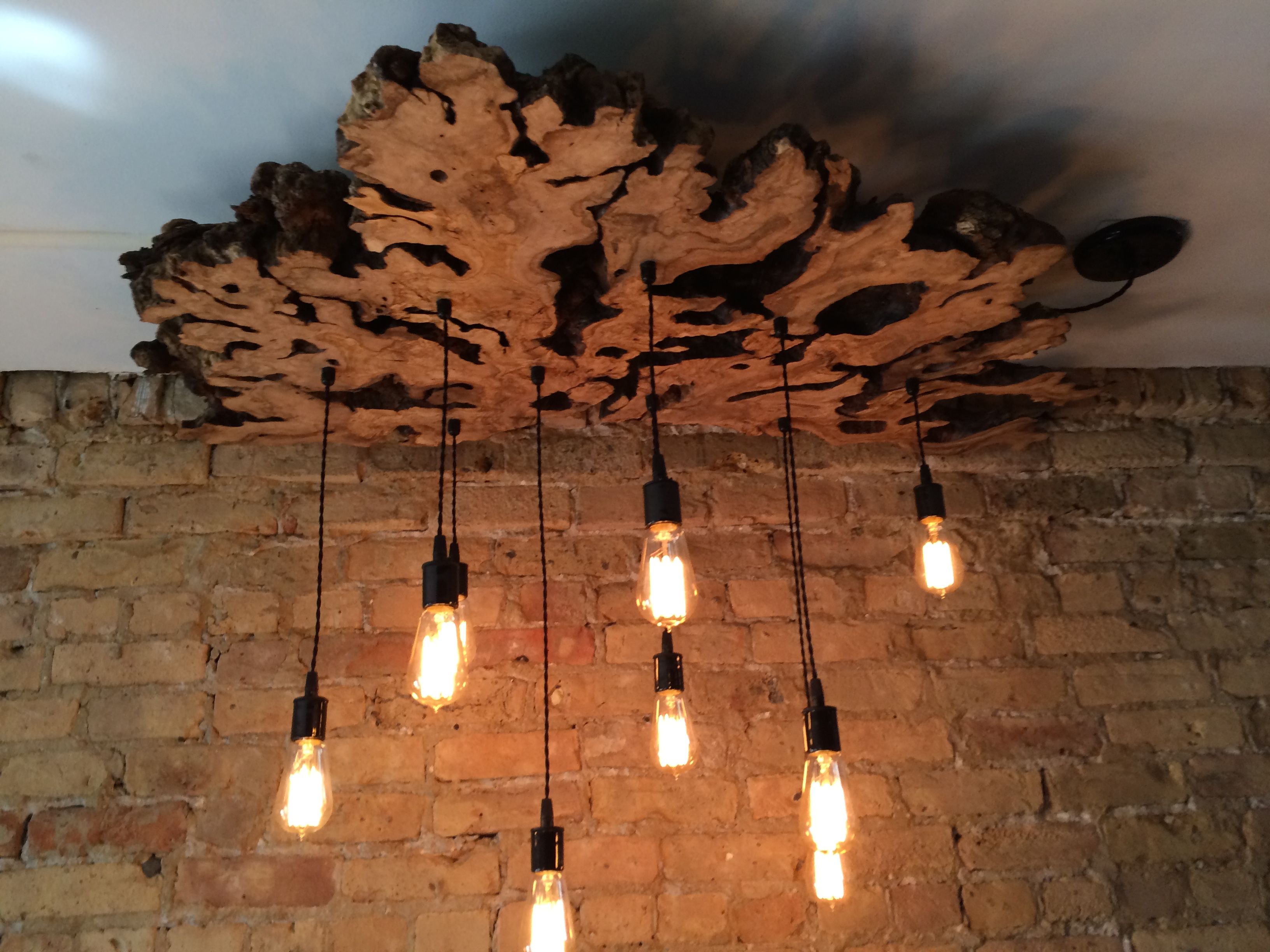 Hand Made Large Live Edge Olive Wood Chandelier With Edison Bulbs