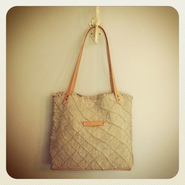 Custom Made Diamond Tote Textured Organic Linen /Beeswaxed Leather Trim /Plant Dyed Linen Lining