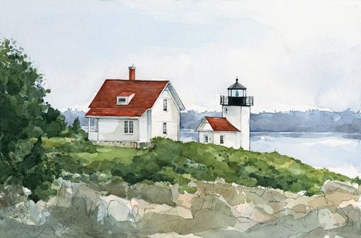 Custom Made Lighthouse Coastal Landscape Watercolor Painting
