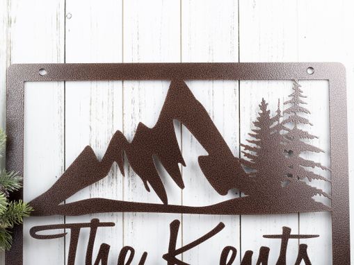 Custom Made Custom Family Name Metal Sign, Mountains, Pine Trees - Copper Vein Shown