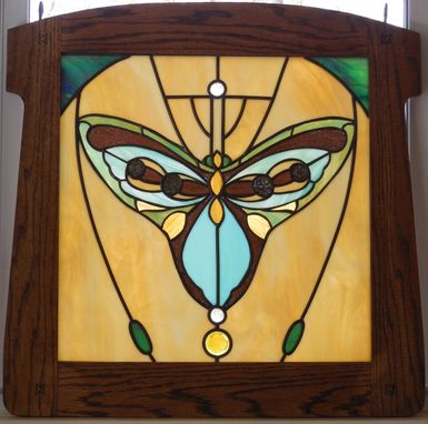 Custom Made Stained Glass Panel Art Deco Butterfly Framed In Oak