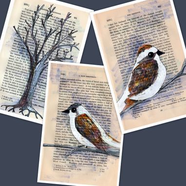 Custom Made Sparrow Print - Winter Theme Set Of 3 Bird And Tree Prints In 5x7 Size