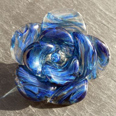Custom Made Hand-Blown Glass Rose Bottle Stopper In Blue Swirls