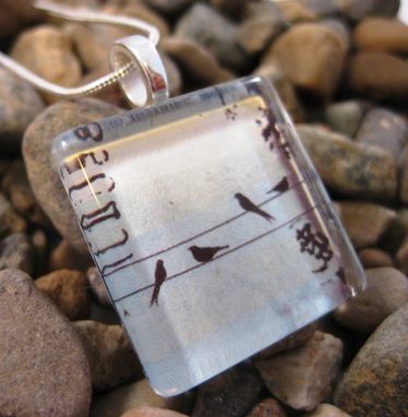 Custom Made Glass Tile Pendant With Birds On A Wire On Silver Snake Chain Necklace