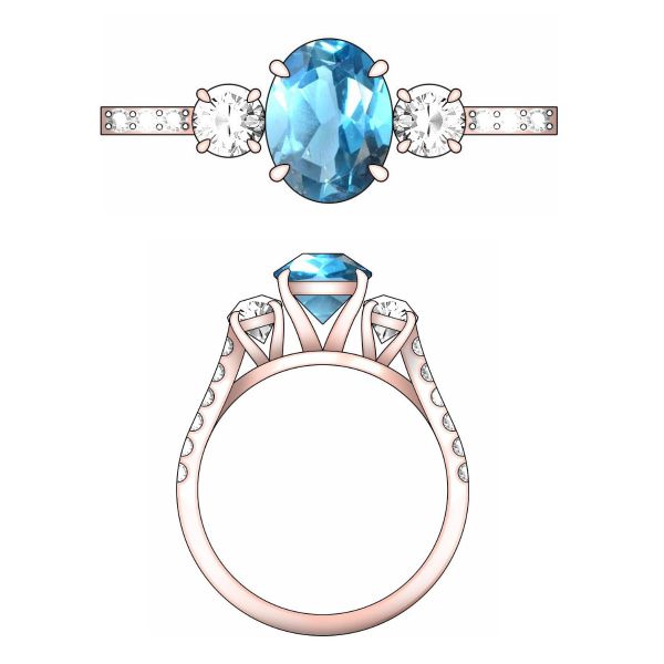 Two sparkling diamonds flank an oval cut London blue topaz while pavé set diamonds line the rose gold band.