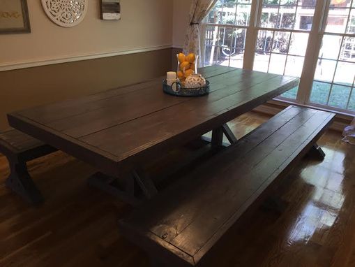 Custom Made Handmade, Solid Wood Dining Table With Star-Shaped Base And Matching Benches