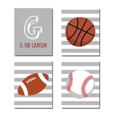 Custom Made Personalized Grey Stripes Sports Canvas Art Decoration Set Of 4 – Baseball, Basketball, Football