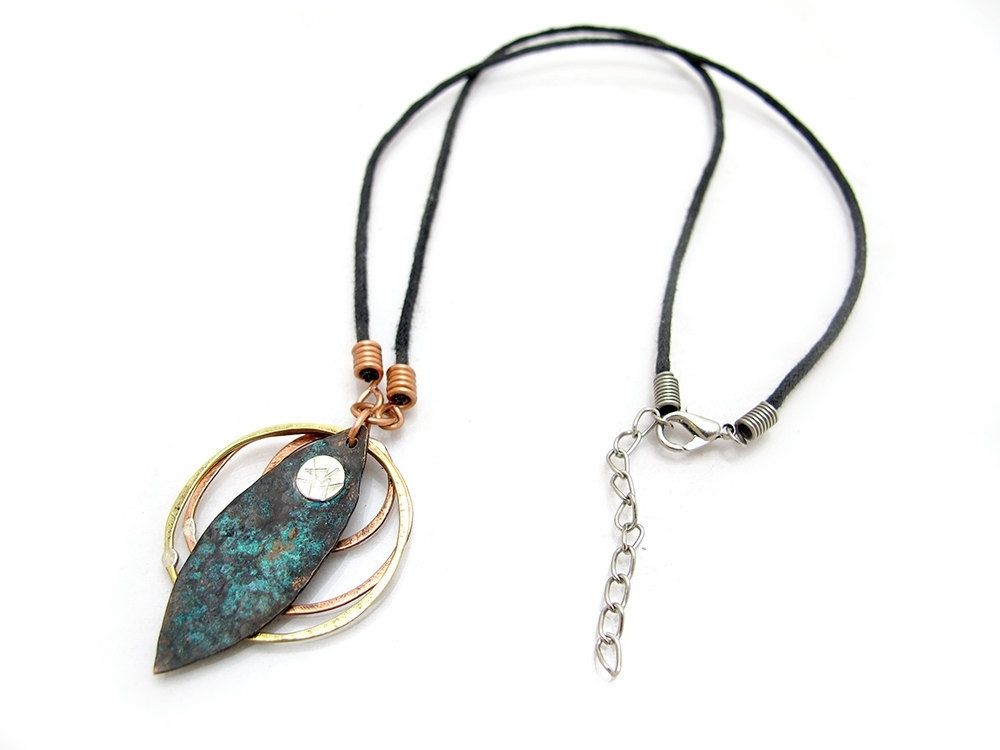 Hand Made Mixed Metal Necklace - Copper Patina Necklace - Blue Copper ...