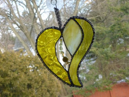 Custom Made Bright Yellow Stained Glass Heart With Beads And Crystals