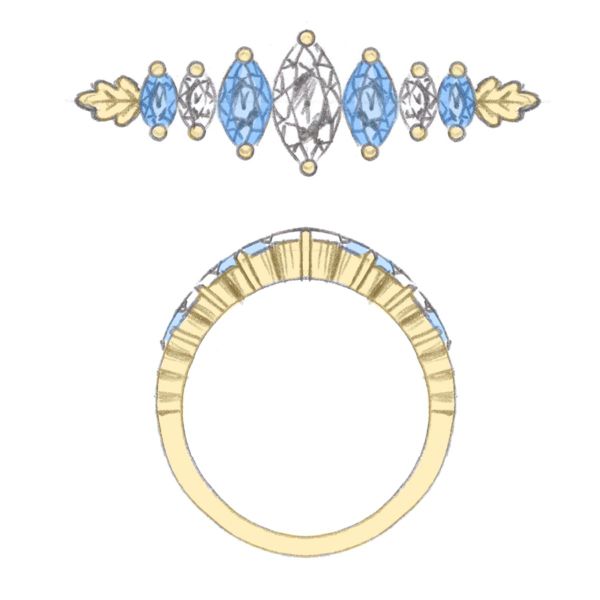 A sequence of graduated marquise cut blue topazes and diamonds create a row of sparkle on the yellow gold band of this bling engagement ring.