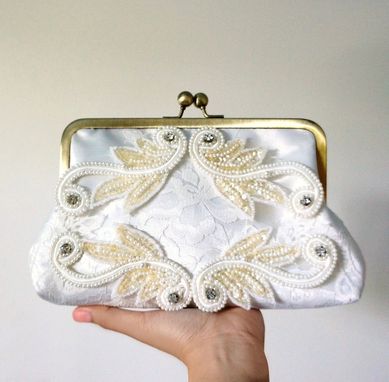 Custom Made Art Deco Bridal Clutch Purse With Sequins, Rhinestones, Beads, And Pearls