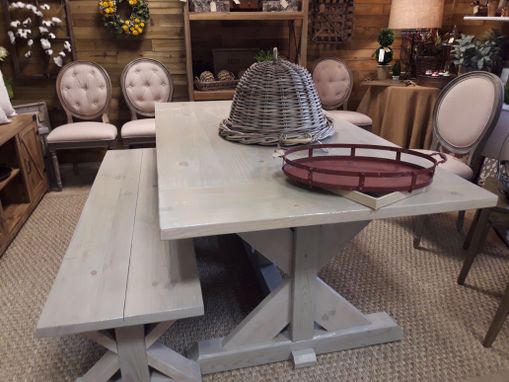 Custom Made Farm House Trestle Table And Matching Bench