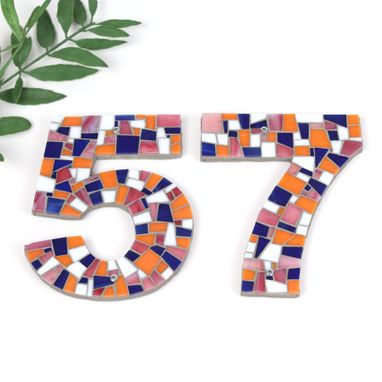 Custom Made Address Numbers In Mosaic Tile In Orange, Coral, Navy & White Stained Glass Tiles, House Numbers