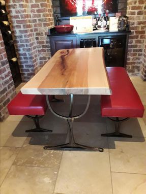 Custom Made Live Edge Pecan Wine Tasting Table And Authentic Leather Covered Benches