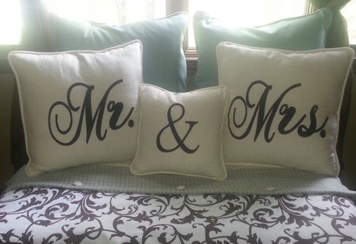 Custom Made Mr. & Mrs. Embroidered Linen Shams With Or Without Feather Fills Pillow Set Of 3