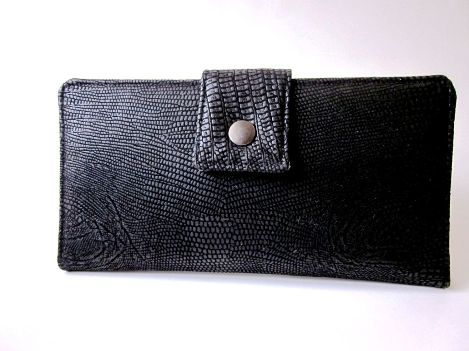 Custom Handmade Women Black Faux Leather Wallet Grey Garden Black Roses Id Clear Pocket Ready To ...