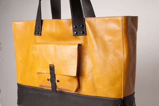 Custom Made Leather Tote Bag - Fully Lined: Golden Yellow With Black Contrast