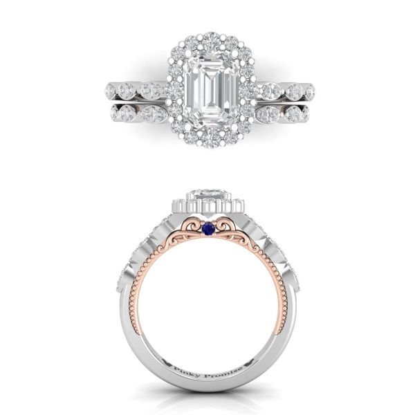 An emerald cut diamond dazzles the eye as it’s surrounded by a halo of diamonds with a modern two-tone setting underneath and a peekaboo sapphire.